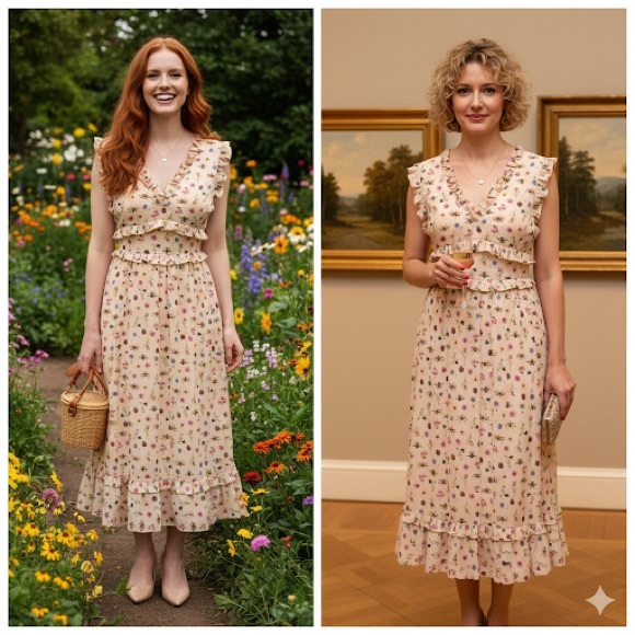 Betsey Johnson Peach Bug Floral Ruffle Tiered V-Neck Whimsical Midi Dress Size 8 - Picture 3 of 16